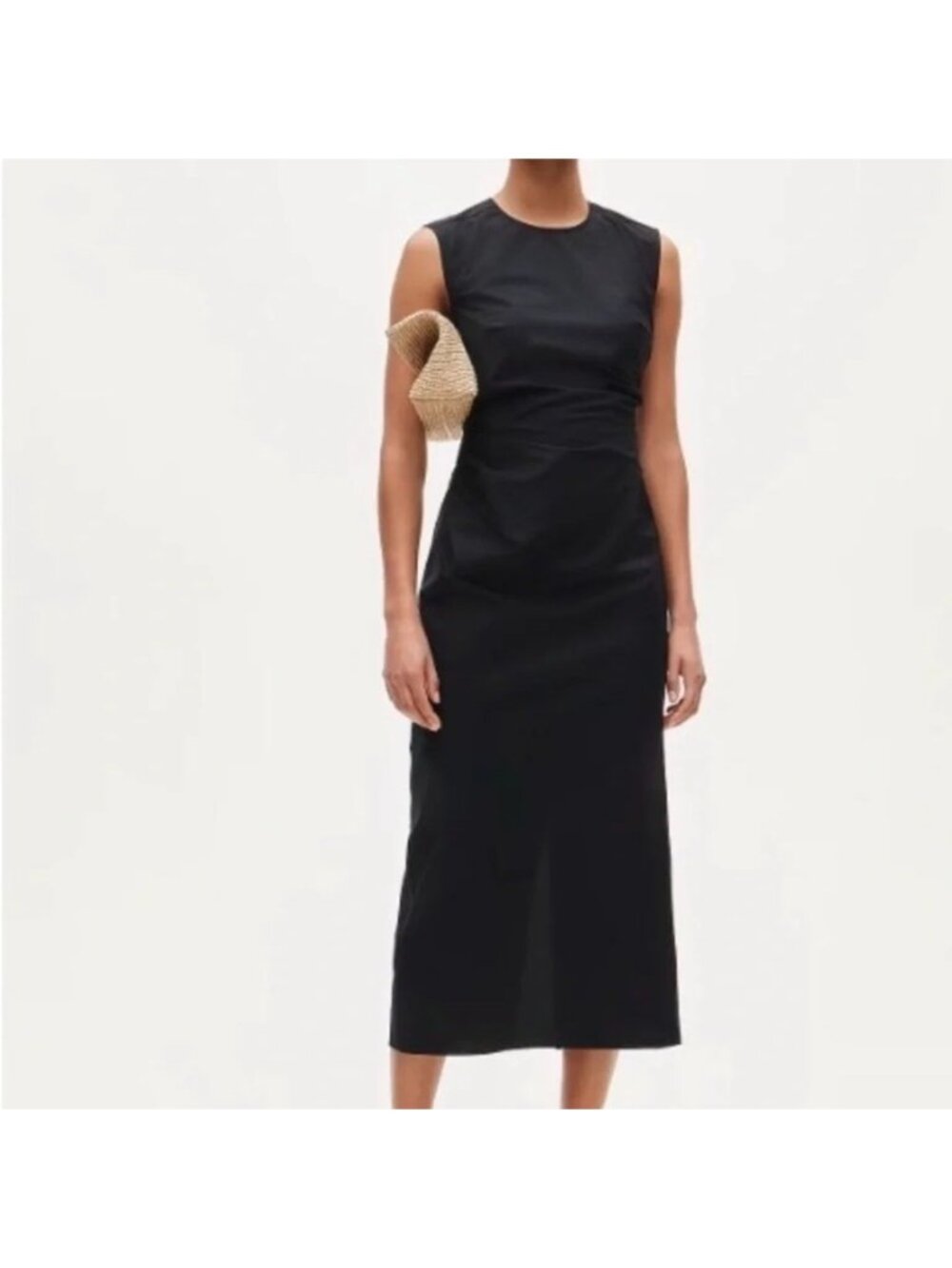 NWT J.Crew Petite Ruched Midi Dress Sz 4P Black Stretch Cotton-Blend Poplin Chic